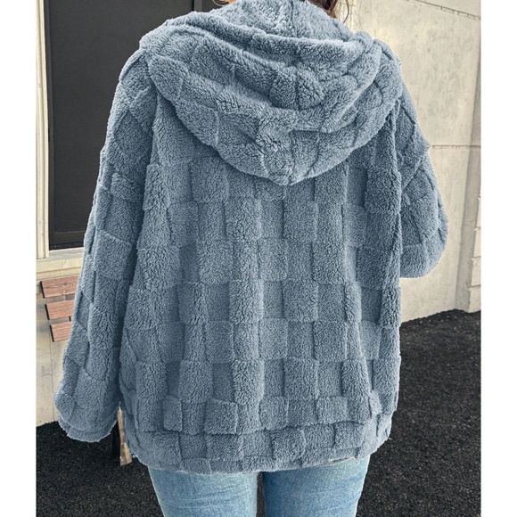 Plus Solid Charcoal Checkered zip up Drawstring Hoodie Jacket - Picture 8 of 10